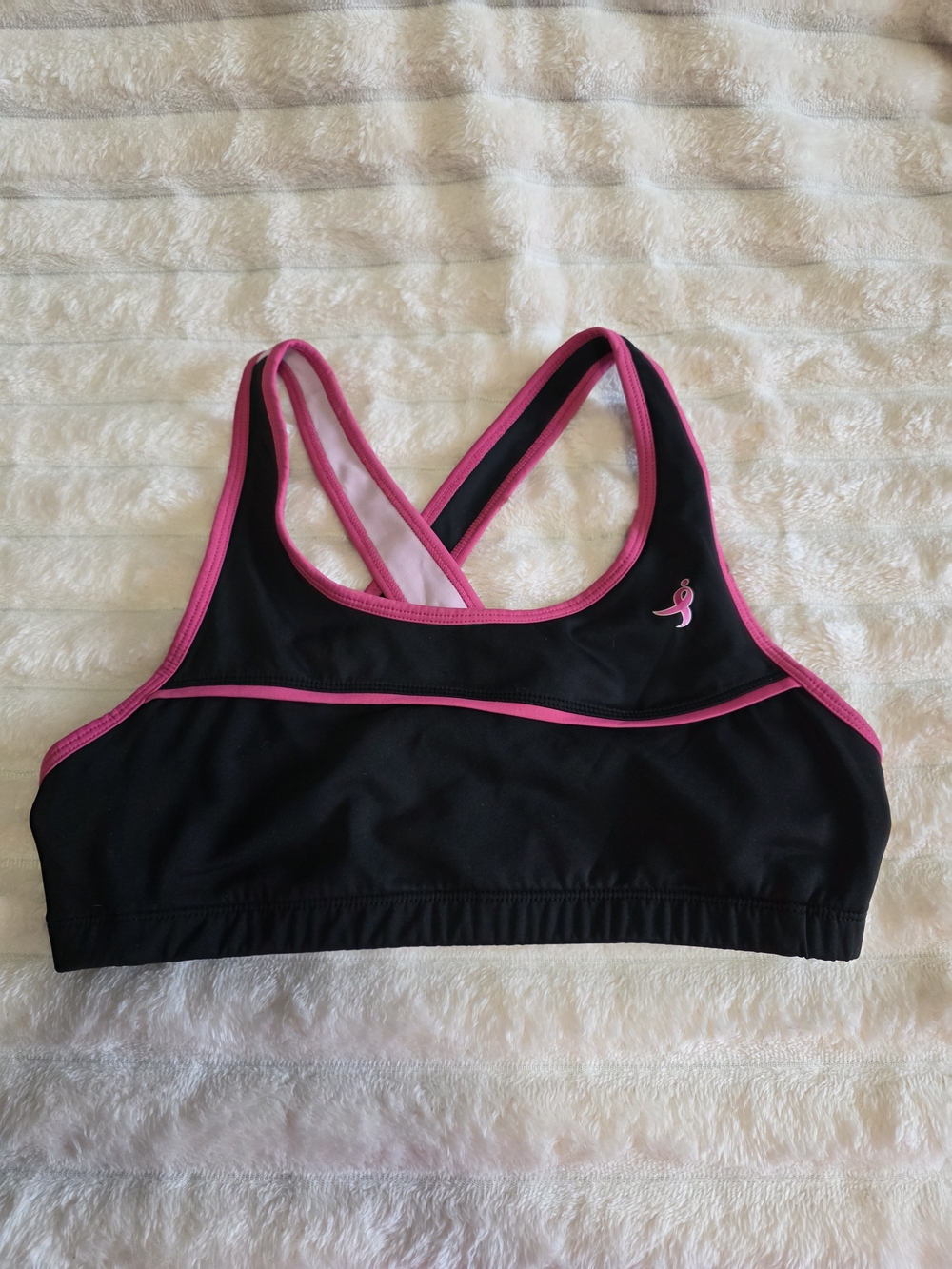 New Balance Black Sports Bra with Pink Trim and Crossback Straps